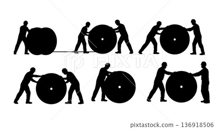 Black Solid Worker Rolling Cable Spool Silhouettes Set of Six on White Background 136918506