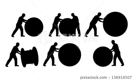 Black Solid Worker Rolling Cable Spool Silhouettes Set of Six on White Background Black Solid Worker Rolling Cable Spool Silhouettes Set of Six on White Background 136918507