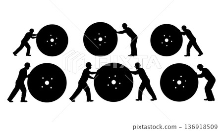 Black Solid Worker Rolling Cable Spool Silhouettes Set of Six on White Background 136918509