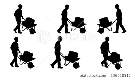 Black Solid Worker Wheelbarrow Silhouettes Set of Six on White Background Black Solid Worker Wheelbarrow Silhouettes Set of Six on White Background 136918512