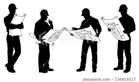Black Solid Worker Reading Blueprints Silhouettes Set of Six on White Background 136918517