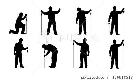 Black Solid Worker Plumb Line Silhouettes Set of Six on White Background 136918518