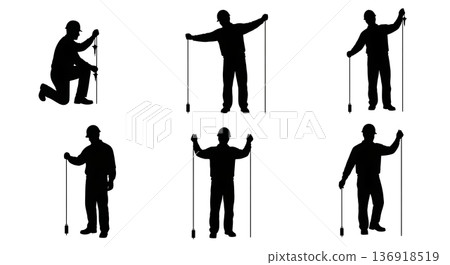 Black Solid Worker Plumb Line Silhouettes Set of Six on White Background 136918519