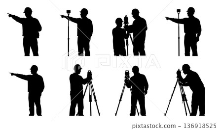 Black Solid Worker Pointing Distance Silhouettes Set of Six on White Background 136918525