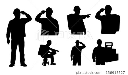 Black Solid Worker Pointing Distance Silhouettes Set of Six on White Background Black Solid Worker Pointing Distance Silhouettes Set of Six on White Background 136918527