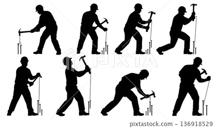 Black Solid Worker Pulling Nail Silhouettes Set of Six on White Background Black Solid Worker Pulling Nail Silhouettes Set of Six on White Background 136918529