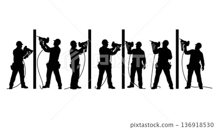 Black Solid Worker Nail Gun Silhouettes Set of Six on White Background Black Solid Worker Nail Gun Silhouettes Set of Six on White Background 136918530