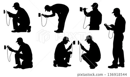 Black Solid Worker Multimeter Test Silhouettes Set of Six on White Background 136918544