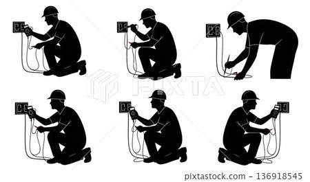 Black Solid Worker Multimeter Test Silhouettes Set of Six on White Background 136918545