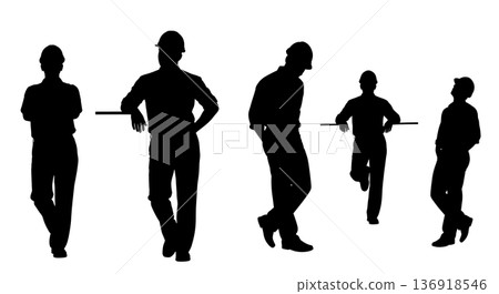 Black Solid Worker Leaning Wall Silhouettes Set of Six on White Background 136918546