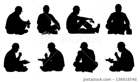 Black Solid Worker Lunch Break Silhouettes Set of Six on White Background 136918548
