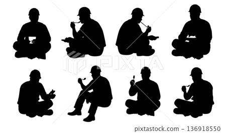 Black Solid Worker Lunch Break Silhouettes Set of Six on White Background 136918550