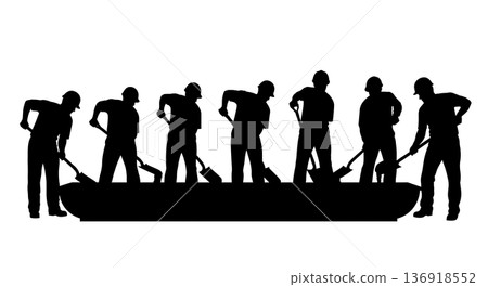 Black Solid Worker Mixing Concrete Silhouettes Set of Six on White Background 136918552