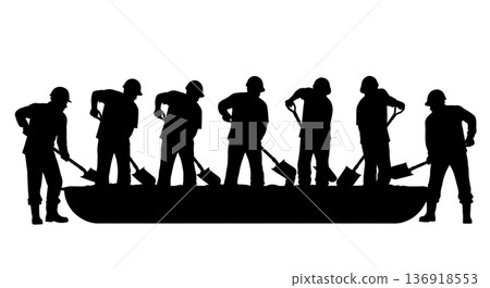 Black Solid Worker Mixing Concrete Silhouettes Set of Six on White Background Black Solid Worker Mixing Concrete Silhouettes Set of Six on White Background 136918553