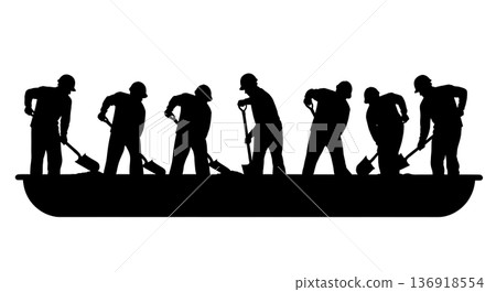 Black Solid Worker Mixing Concrete Silhouettes Set of Six on White Background 136918554