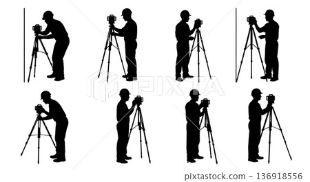 Black Solid Worker Laser Level Silhouettes Set of Six on White Background Black Solid Worker Laser Level Silhouettes Set of Six on White Background 136918556