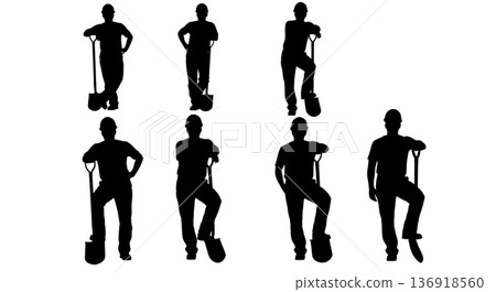 Black Solid Worker Leaning Shovel Silhouettes Set of Six on White Background Black Solid Worker Leaning Shovel Silhouettes Set of Six on White Background 136918560