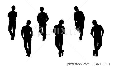 Black Solid Worker Leaning Wall Silhouettes Set of Six on White Background 136918564