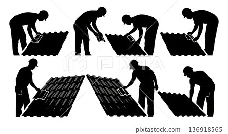 Black Solid Worker Inspect Roof Silhouettes Set of Six on White Background Black Solid Worker Inspect Roof Silhouettes Set of Six on White Background 136918565