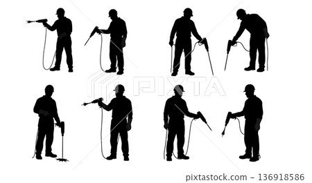 Black Solid Worker Heat Gun Silhouettes Set of Six on White Background 136918586
