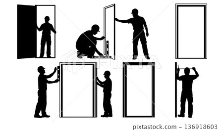 Black Solid Worker Fitting Door Silhouettes Set of Six on White Background Black Solid Worker Fitting Door Silhouettes Set of Six on White Background 136918603