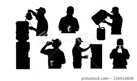 Black Solid Worker Drinking Water Silhouettes Set of Six on White Background Black Solid Worker Drinking Water Silhouettes Set of Six on White Background 136918606