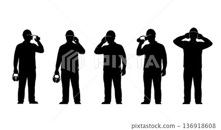 Black Solid Worker Ear Defenders Silhouettes Set of Six on White Background Black Solid Worker Ear Defenders Silhouettes Set of Six on White Background 136918608