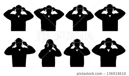 Black Solid Worker Ear Defenders Silhouettes Set of Six on White Background 136918610