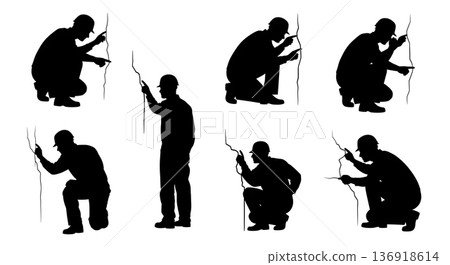 Black Solid Worker Examining Crack Silhouettes Set of Six on White Background 136918614