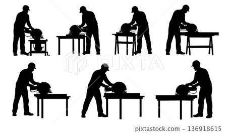 Black Solid Worker Circular Saw Silhouettes Set of Six on White Background Black Solid Worker Circular Saw Silhouettes Set of Six on White Background 136918615