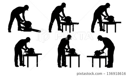 Black Solid Worker Circular Saw Silhouettes Set of Six on White Background 136918616