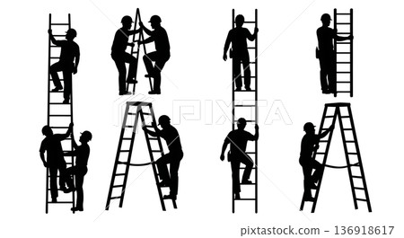 Black Solid Worker Climbing Ladder Silhouettes Set of Six on White Background Black Solid Worker Climbing Ladder Silhouettes Set of Six on White Background 136918617
