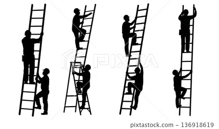 Black Solid Worker Climbing Ladder Silhouettes Set of Six on White Background 136918619