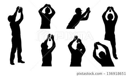 Black Solid Worker Changing Lightbulb Silhouettes Set of Six on White Background 136918651