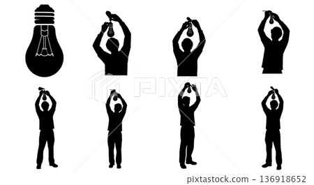 Black Solid Worker Changing Lightbulb Silhouettes Set of Six on White Background 136918652