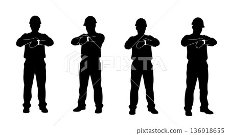 Black Solid Worker Checking Watch Silhouettes Set of Six on White Background Black Solid Worker Checking Watch Silhouettes Set of Six on White Background 136918655