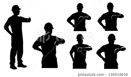 Black Solid Worker Checking Watch Silhouettes Set of Six on White Background Black Solid Worker Checking Watch Silhouettes Set of Six on White Background 136918656