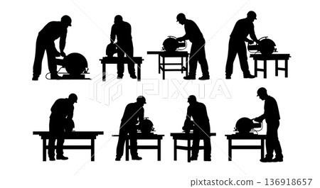 Black Solid Worker Circular Saw Silhouettes Set of Six on White Background 136918657