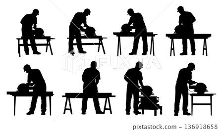 Black Solid Worker Circular Saw Silhouettes Set of Six on White Background Black Solid Worker Circular Saw Silhouettes Set of Six on White Background 136918658
