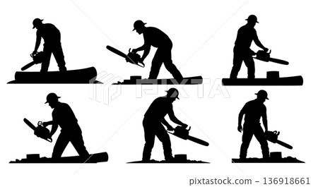 Black Solid Worker Chainsaw Silhouettes Set of Six on White Background 136918661