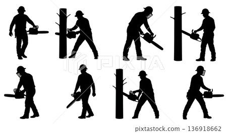 Black Solid Worker Chainsaw Silhouettes Set of Six on White Background 136918662