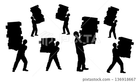 Black Solid Worker Carrying Tile Boxes Silhouettes Set of Six on White Background 136918667