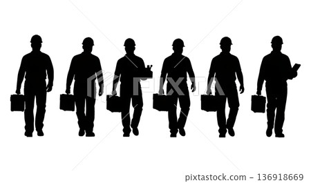 Black Solid Worker Carrying Toolbox Silhouettes Set of Six on White Background Black Solid Worker Carrying Toolbox Silhouettes Set of Six on White Background 136918669