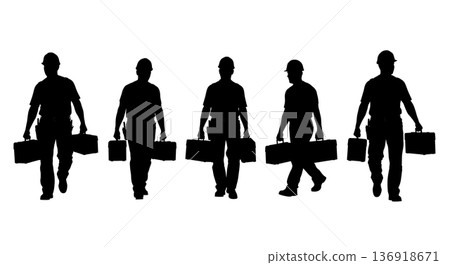 Black Solid Worker Carrying Toolbox Silhouettes Set of Six on White Background 136918671