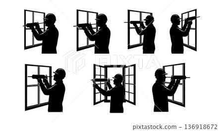 Black Solid Worker Caulk Gun Silhouettes Set of Six on White Background 136918672