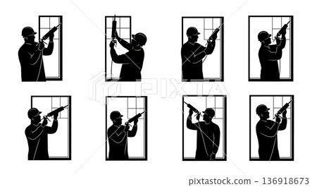 Black Solid Worker Caulk Gun Silhouettes Set of Six on White Background Black Solid Worker Caulk Gun Silhouettes Set of Six on White Background 136918673