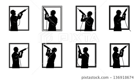 Black Solid Worker Caulk Gun Silhouettes Set of Six on White Background Black Solid Worker Caulk Gun Silhouettes Set of Six on White Background 136918674