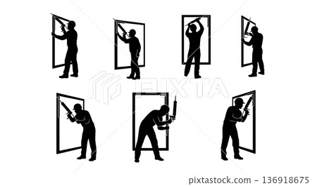 Black Solid Worker Caulk Gun Silhouettes Set of Six on White Background Black Solid Worker Caulk Gun Silhouettes Set of Six on White Background 136918675