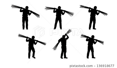 Black Solid Worker Carrying Rebar Silhouettes Set of Six on White Background 136918677