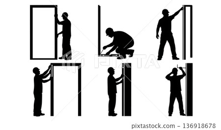 Black Solid Worker Carrying Rubble Silhouettes Set of Six on White Background Black Solid Worker Carrying Rubble Silhouettes Set of Six on White Background 136918678